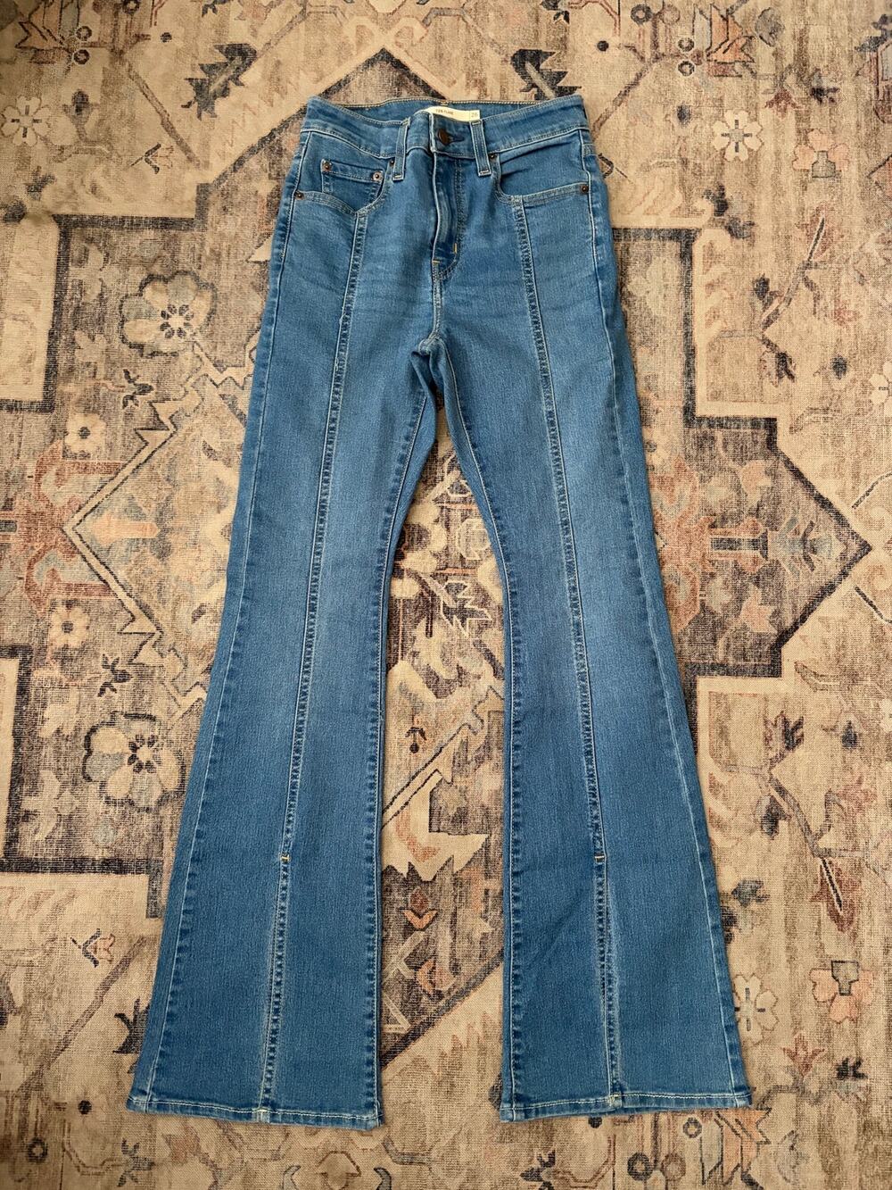 Levis 726 High Rise Flare Jeans Womens 26 Light Wash Front Slit Hem Stretch
